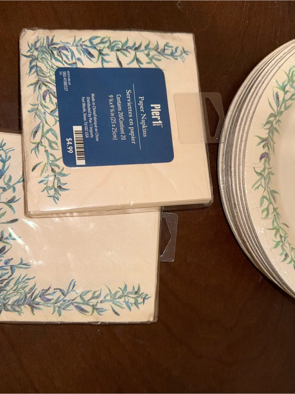 Pier 1 Cream 9” Dinner Plates w/ Green Leaf Border & Matching Napkins Disposabl